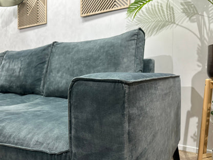 Blauwe/Grijze Velvet Hoekzetel ~ Losse Rugkussens Met Afneembare Hoezen