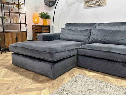 Grijze/Blauwe Velvet Hoekzetel ~ Losse Kussens Met Afneembare Hoezen