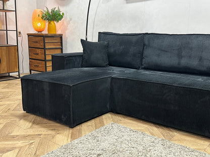 !Showroommodel! Zwarte Ribstof Hoekzetel ~ Slaapfunctie