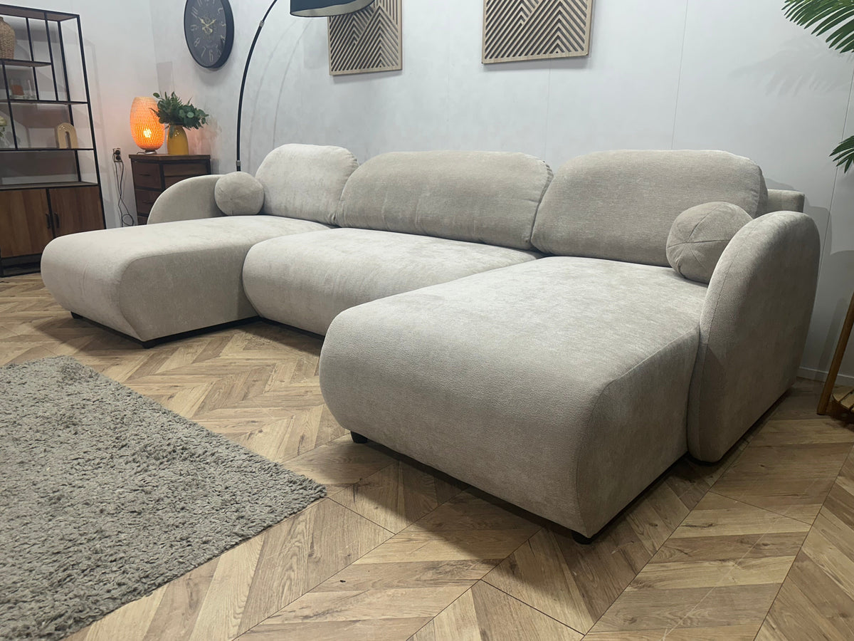 !Showroommodel! Taupe Chenille Stoffen U Zetel