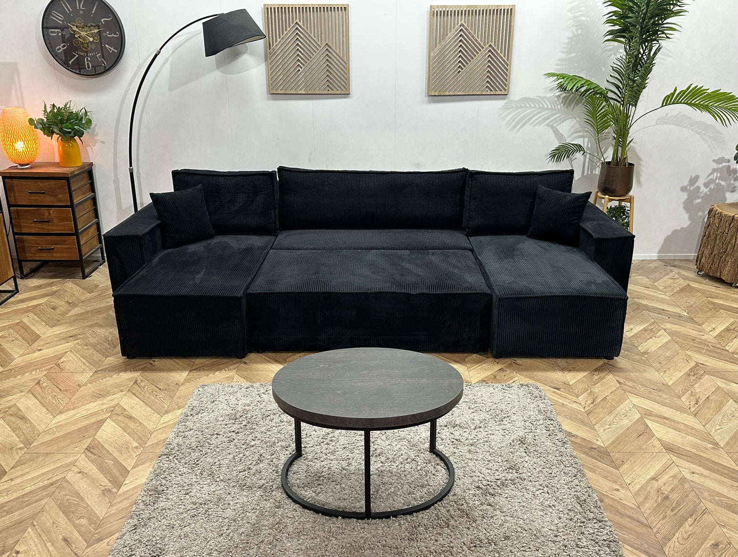 !Showroommodel! Zwarte Ribstof Hoekzetel ~ Slaapfunctie
