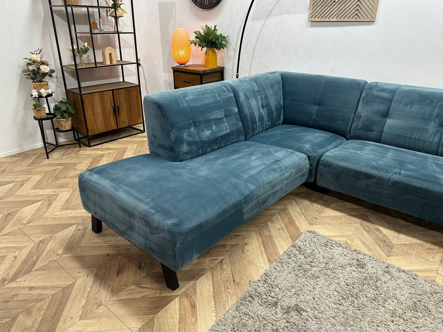 Blauwe Velvet Hoekzetel ~ Vaste Kussens