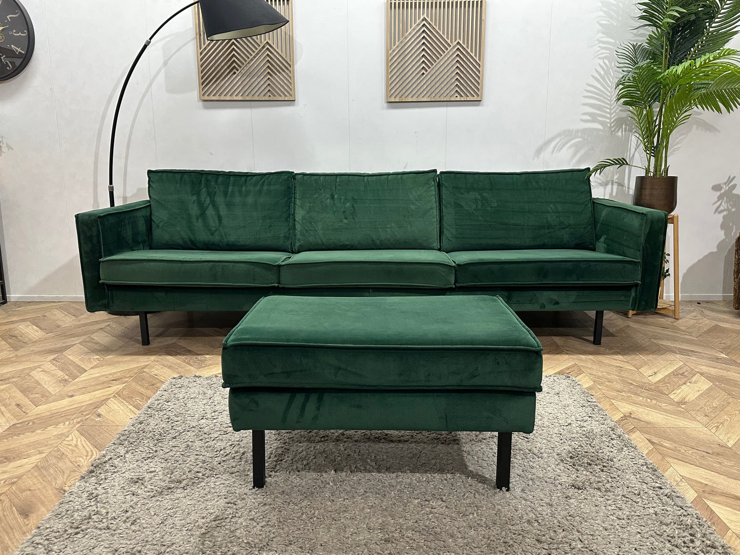 Be Pure Groene Velvet 3-Zits Zetel Inc Hocker ~ Losse Kussens Met Afneembare Hoezen