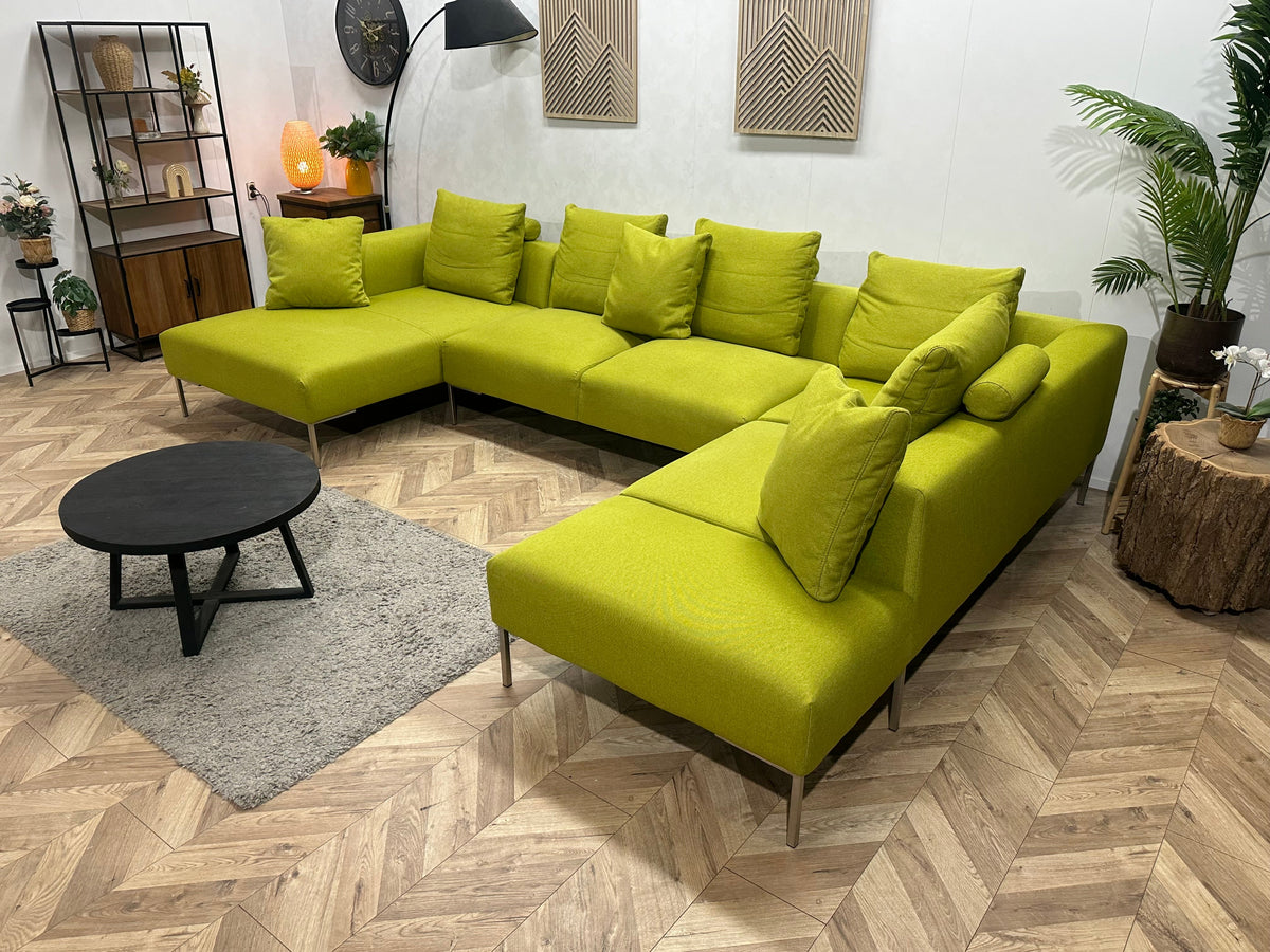 Montèl Groene/Gele Suede Stoffen U Zetel ~ Losse Rugkussens Met Afneembare Hoezen