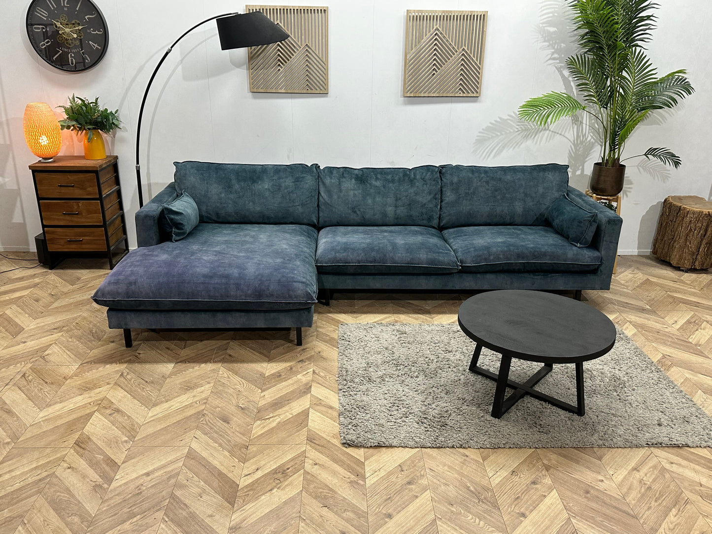 Blauwe Velvet Hoekzetel ~ Losse Kussens Met Afneembare Hoezen