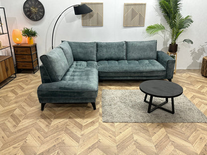 Blauwe/Grijze Velvet Hoekzetel ~ Losse Rugkussens Met Afneembare Hoezen