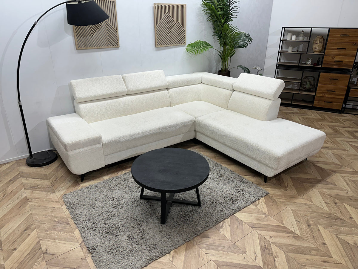 !Showroommodel! Witte Bouclé Stoffen Hoekzetel ~ Verstelbare Hoofdsteunen