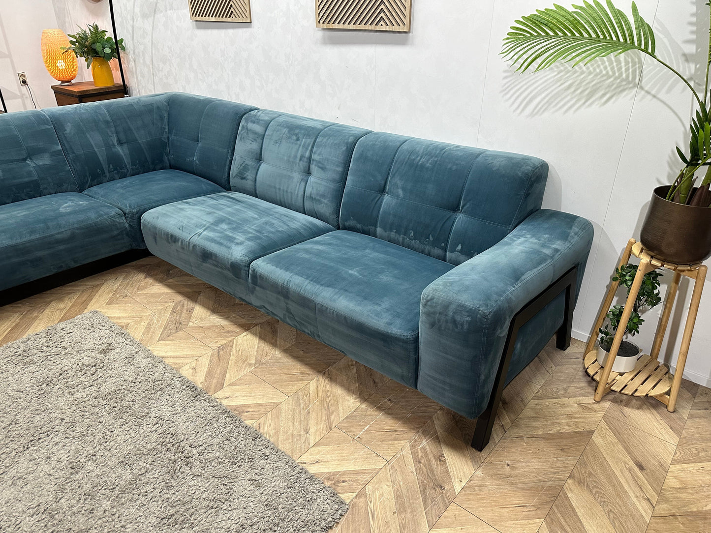 Blauwe Velvet Hoekzetel ~ Vaste Kussens