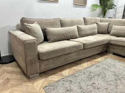 Grijze/Beige Velvet Hoekzetel ~ Losse Kussens Met Afneembare Hoezen