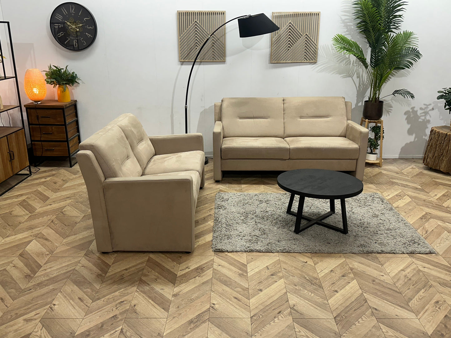 Beige Suede Stoffen/Lederen Zetels Set ~ Vaste Kussens