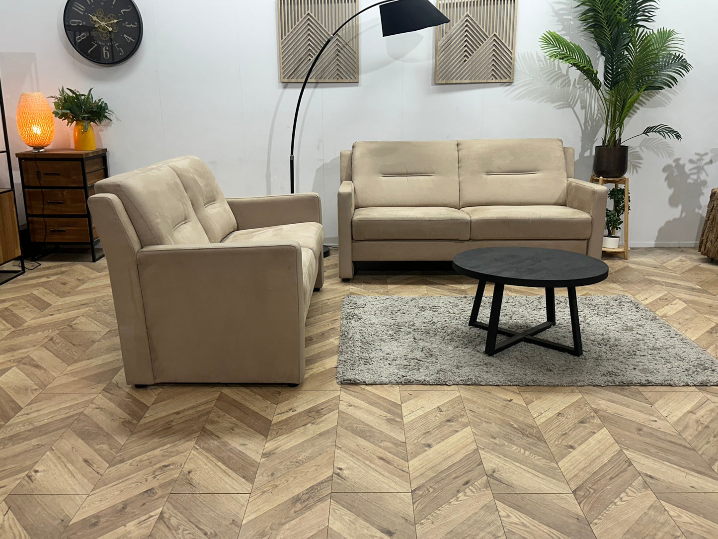Beige Suede Stoffen/Lederen Zetels Set ~ Vaste Kussens
