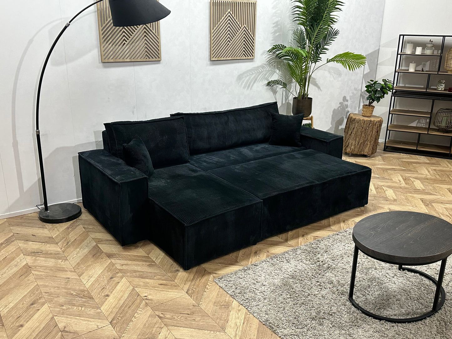 !Showroommodel! Zwarte Ribstof Hoekzetel ~ Slaapfunctie