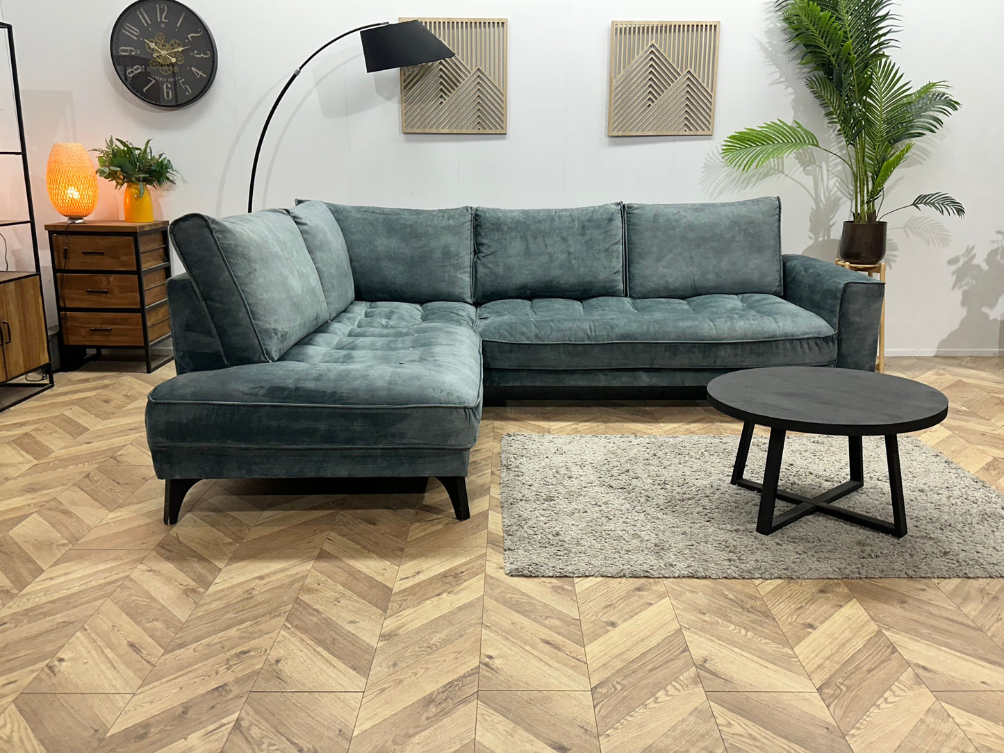 Blauwe/Grijze Velvet Hoekzetel ~ Losse Rugkussens Met Afneembare Hoezen