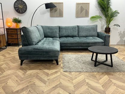 Blauwe/Grijze Velvet Hoekzetel ~ Losse Rugkussens Met Afneembare Hoezen