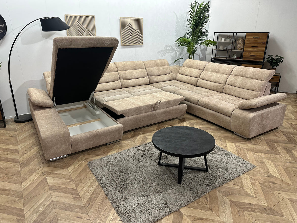 Crème/Beige Suède Stoffen U Zetel ~ Slaapfunctie