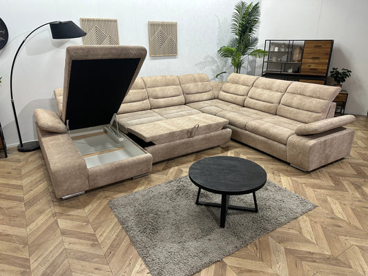 Crème/Beige Suède Stoffen U Zetel ~ Slaapfunctie