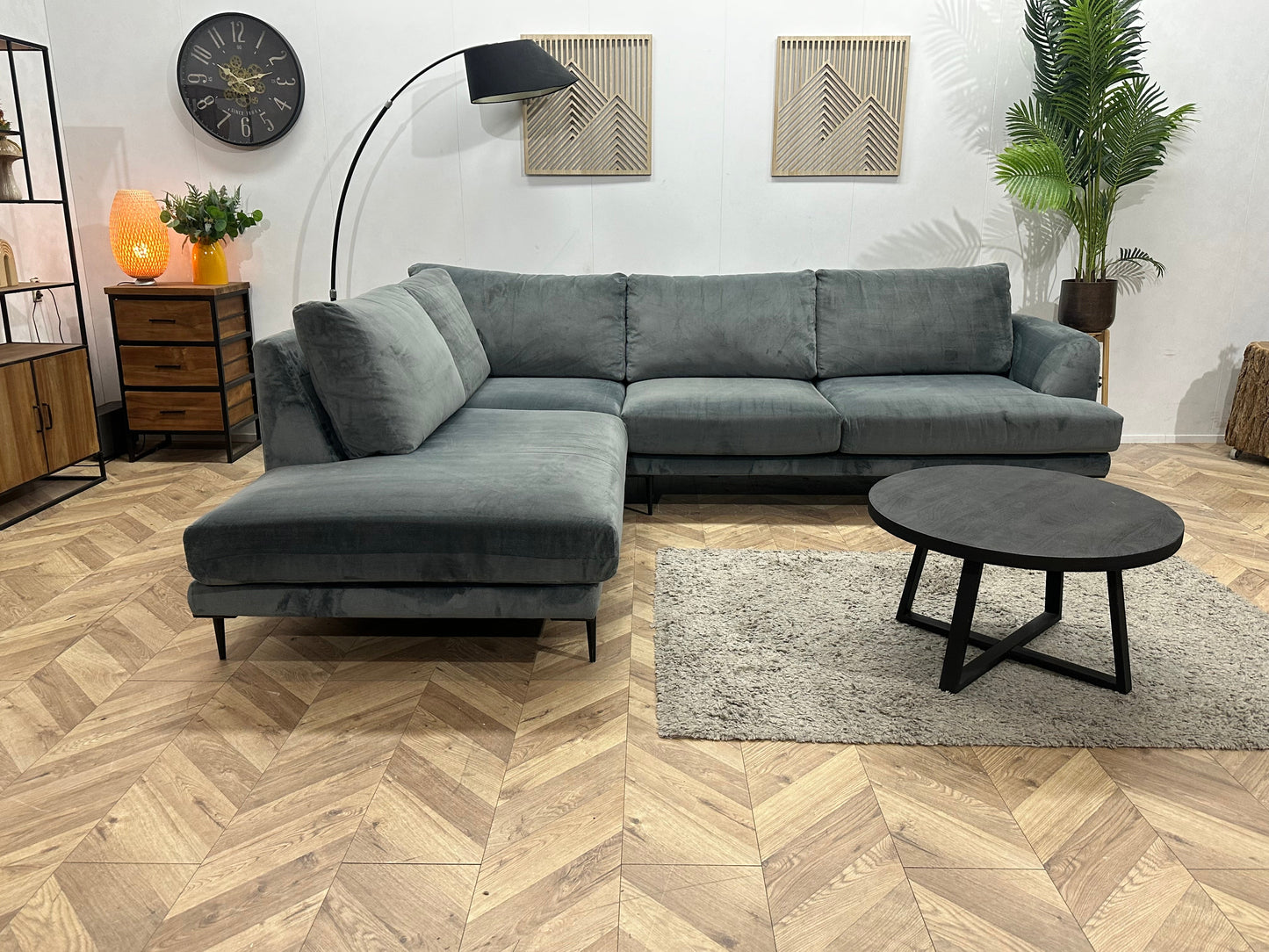 Grijze/Blauwe Velvet Hoekzetel ~ Nieuwstaat