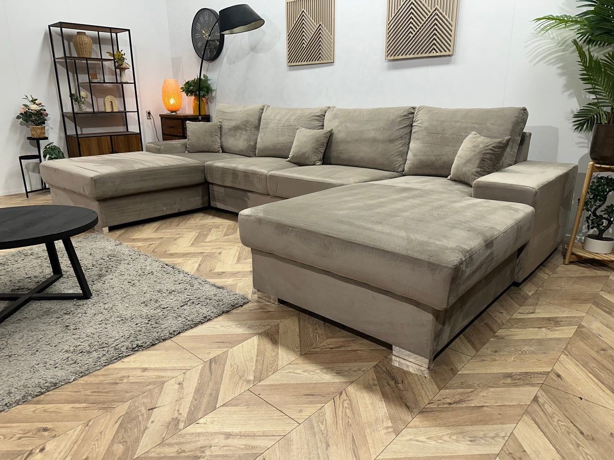 Grijze/Beige Velvet U Zetel ~ Losse Rugkussens Met Afneembare Hoezen