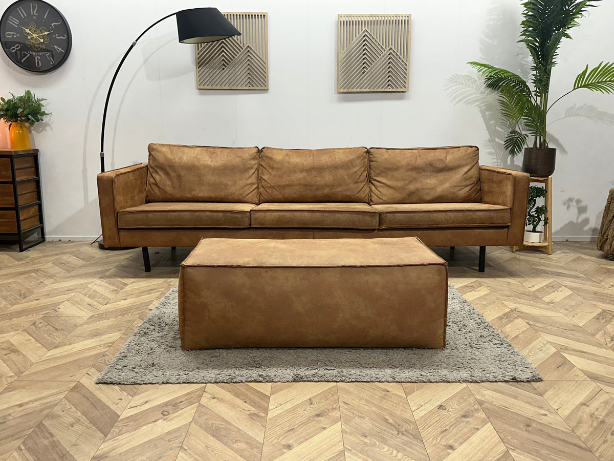 Cognac Bruine Suède Stoffen 3-Zits Zetel Inc Hocker ~ Losse Kussens Met Afneembare Hoezen