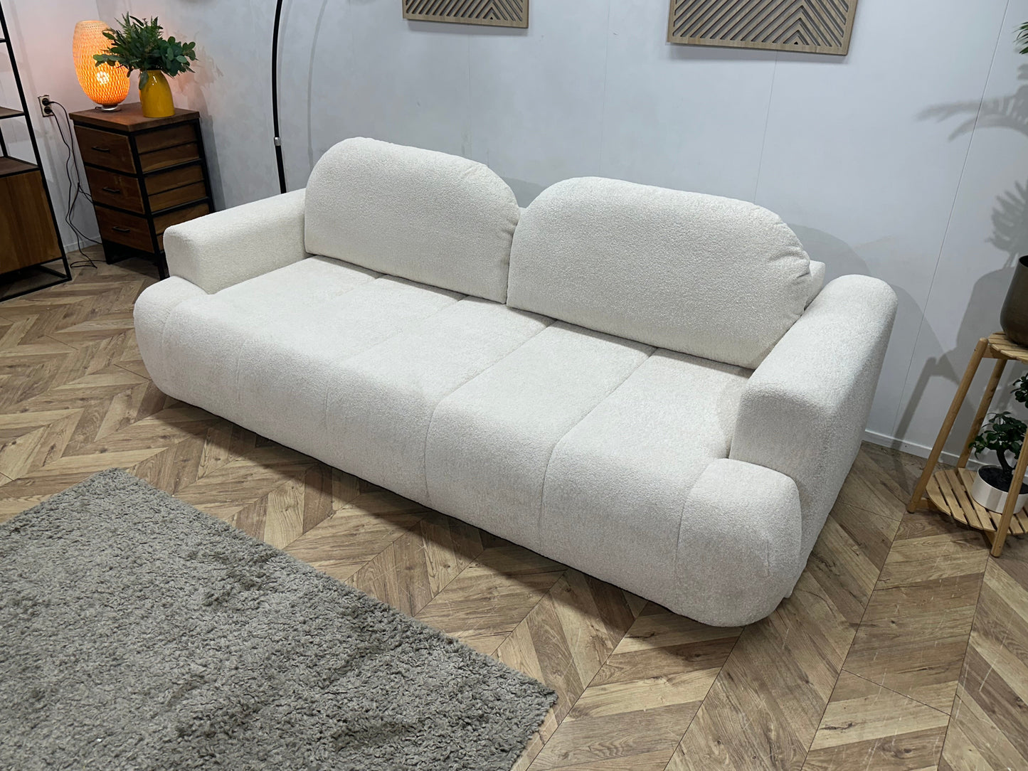 !Showroommodel! Witte Bouclé Stoffen 3-Zits Zetel ~ Slaapfunctie