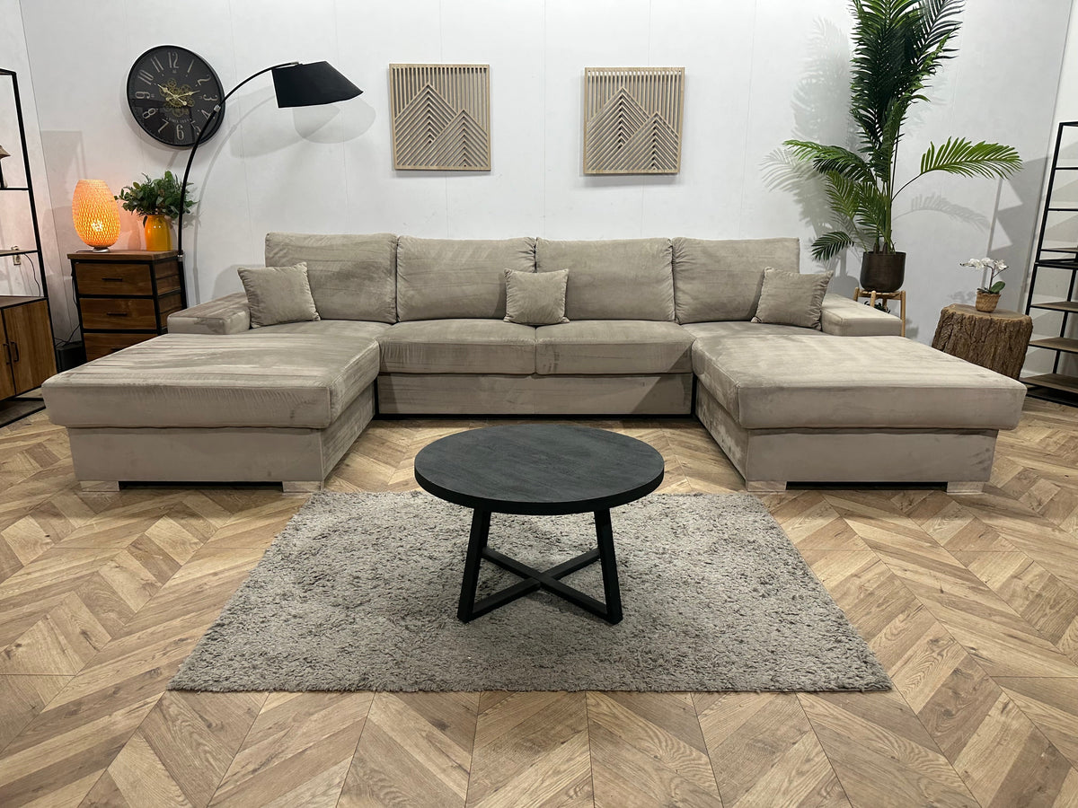 Grijze/Beige Velvet U Zetel ~ Losse Rugkussens Met Afneembare Hoezen