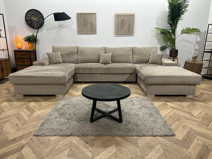 Grijze/Beige Velvet U Zetel ~ Losse Rugkussens Met Afneembare Hoezen