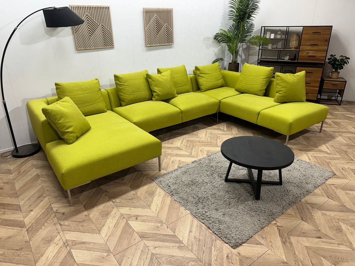 Montèl Groene/Gele Suede Stoffen U Zetel ~ Losse Rugkussens Met Afneembare Hoezen