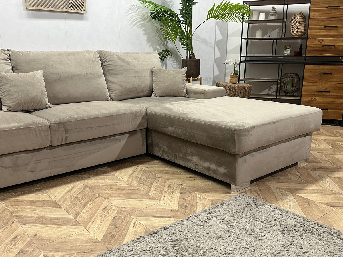 Grijze/Beige Velvet U Zetel ~ Losse Rugkussens Met Afneembare Hoezen