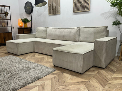!Showroommodel! Witte Ribstof U Zetel ~ Slaapfunctie