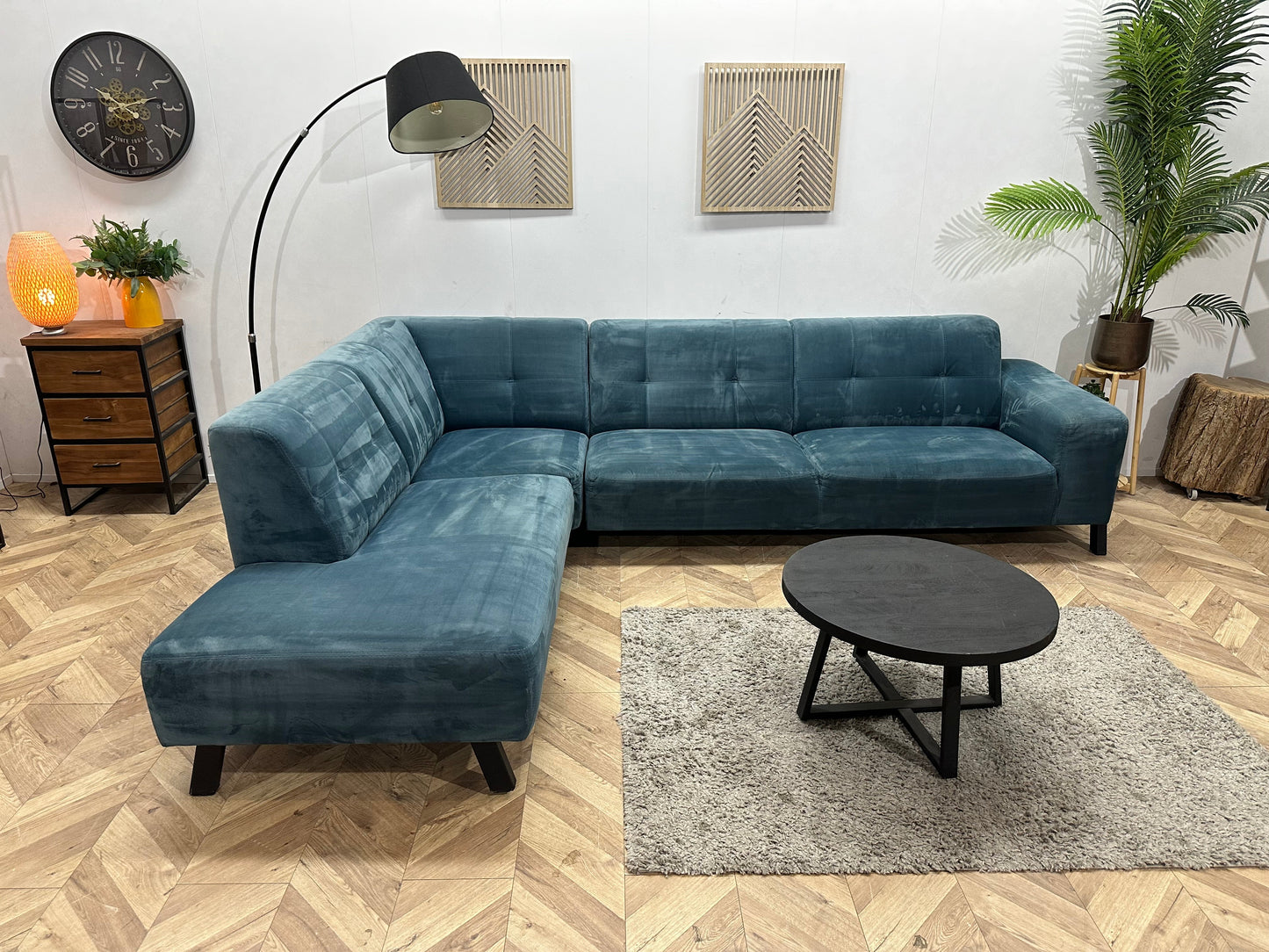 Blauwe Velvet Hoekzetel ~ Vaste Kussens