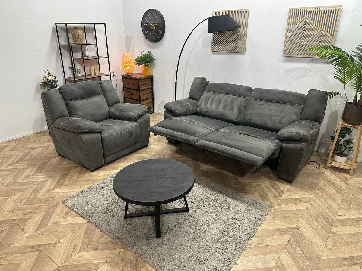 Antraciet Suède Stoffen Bankenset Inc Fauteuil ~ Relax/USB Functie