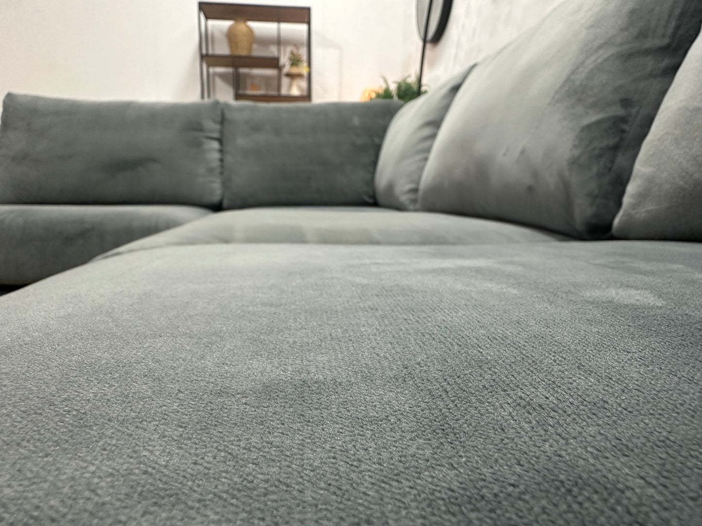 Grijze/Blauwe Velvet Hoekzetel ~ Nieuwstaat