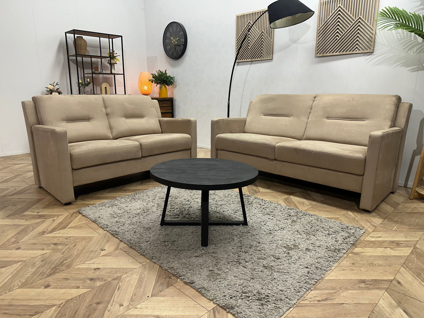 Beige Suede Stoffen/Lederen Zetels Set ~ Vaste Kussens