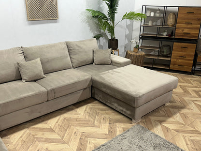 Grijze/Beige Velvet U Zetel ~ Losse Rugkussens Met Afneembare Hoezen