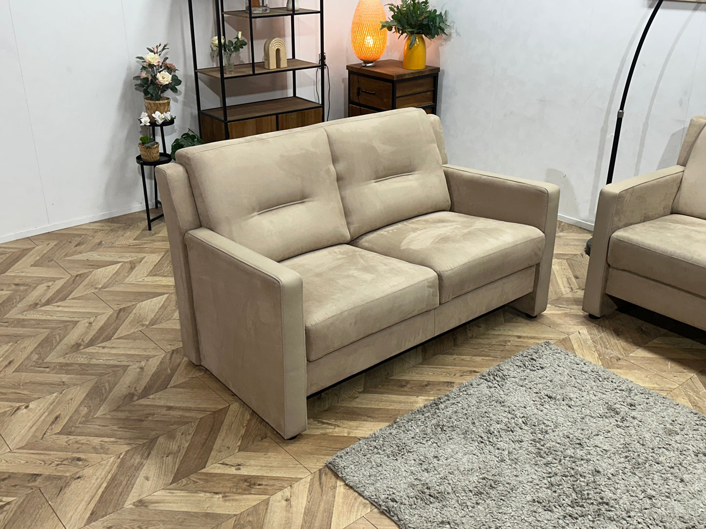 Beige Suede Stoffen/Lederen Zetels Set ~ Vaste Kussens