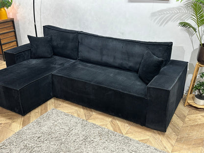 !Showroommodel! Zwarte Ribstof Hoekzetel ~ Slaapfunctie