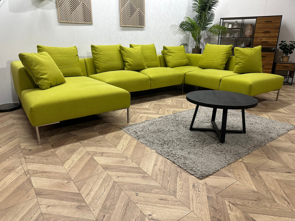 Montèl Groene/Gele Suede Stoffen U Zetel ~ Losse Rugkussens Met Afneembare Hoezen