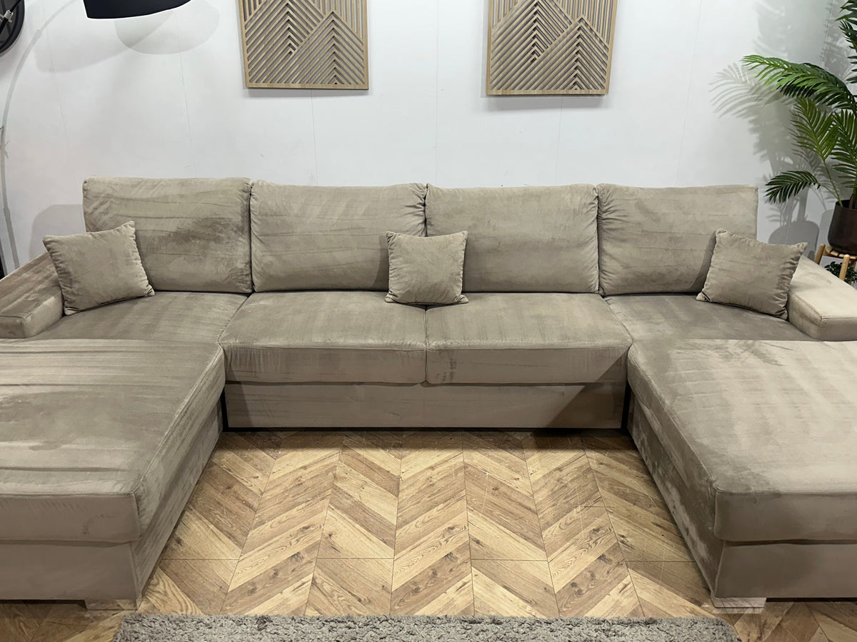 Grijze/Beige Velvet U Zetel ~ Losse Rugkussens Met Afneembare Hoezen
