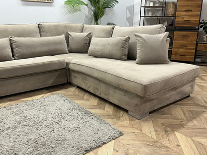 Grijze/Beige Velvet Hoekzetel ~ Losse Kussens Met Afneembare Hoezen
