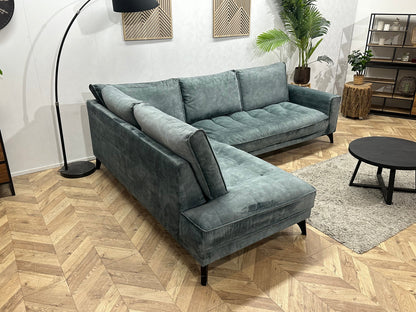 Blauwe/Grijze Velvet Hoekzetel ~ Losse Rugkussens Met Afneembare Hoezen