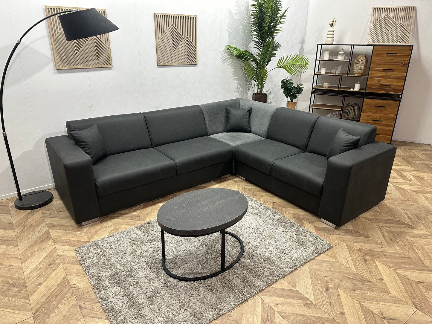 !Showroommodel! Antraciet/Grijze Suède Lederen/Velvet Hoekzetel