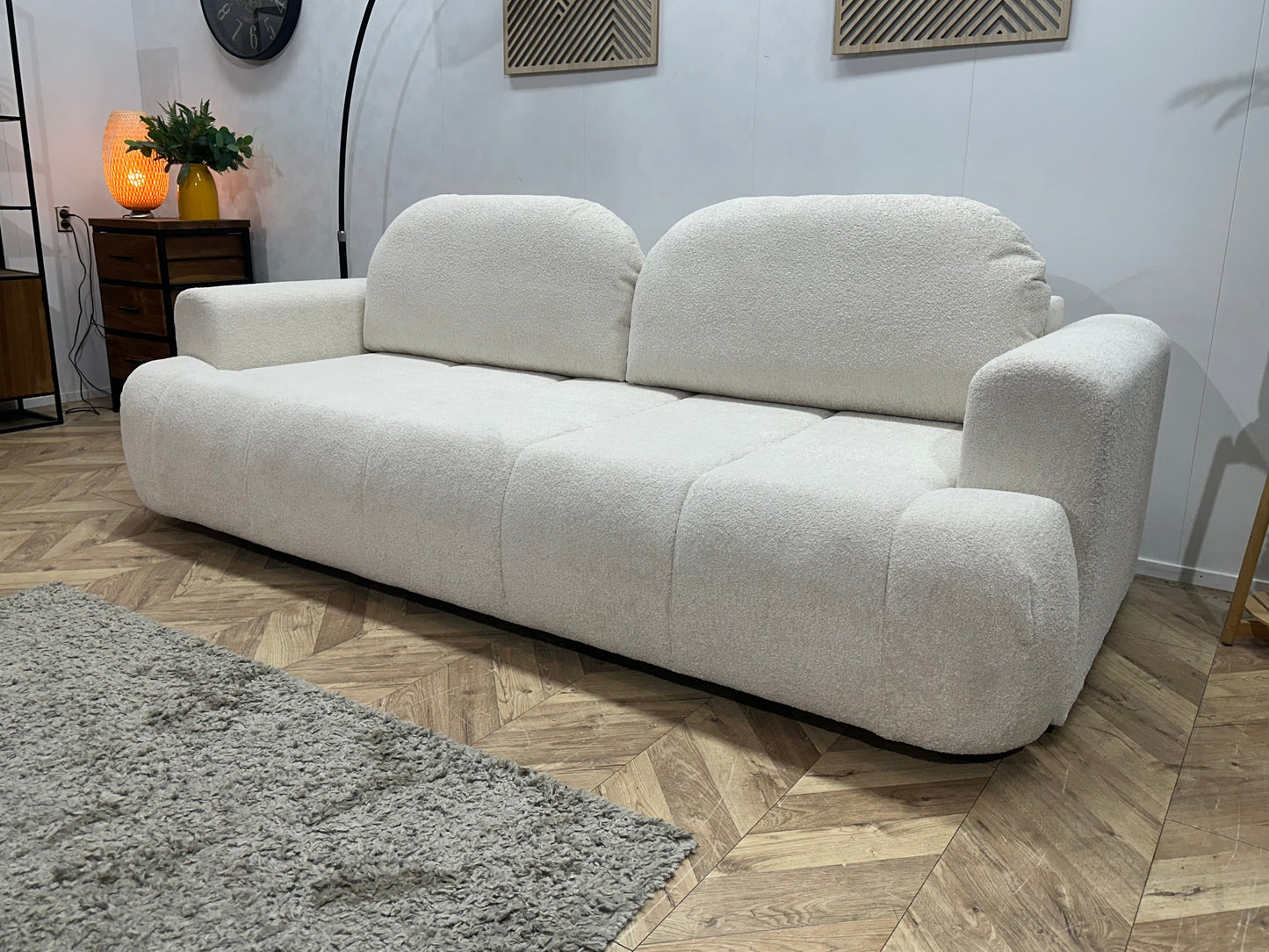 !Showroommodel! Witte Bouclé Stoffen 3-Zits Zetel ~ Slaapfunctie