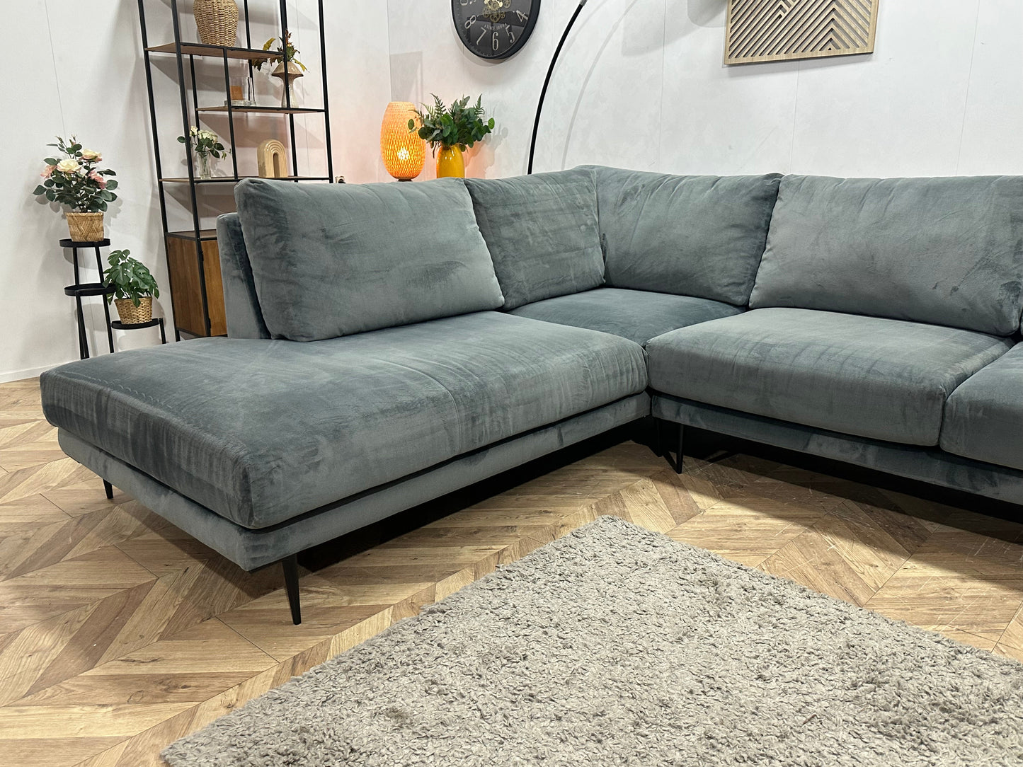 Grijze/Blauwe Velvet Hoekzetel ~ Nieuwstaat